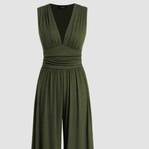 Cider V-neck Ruched Solid Wide Leg Jumpsuit